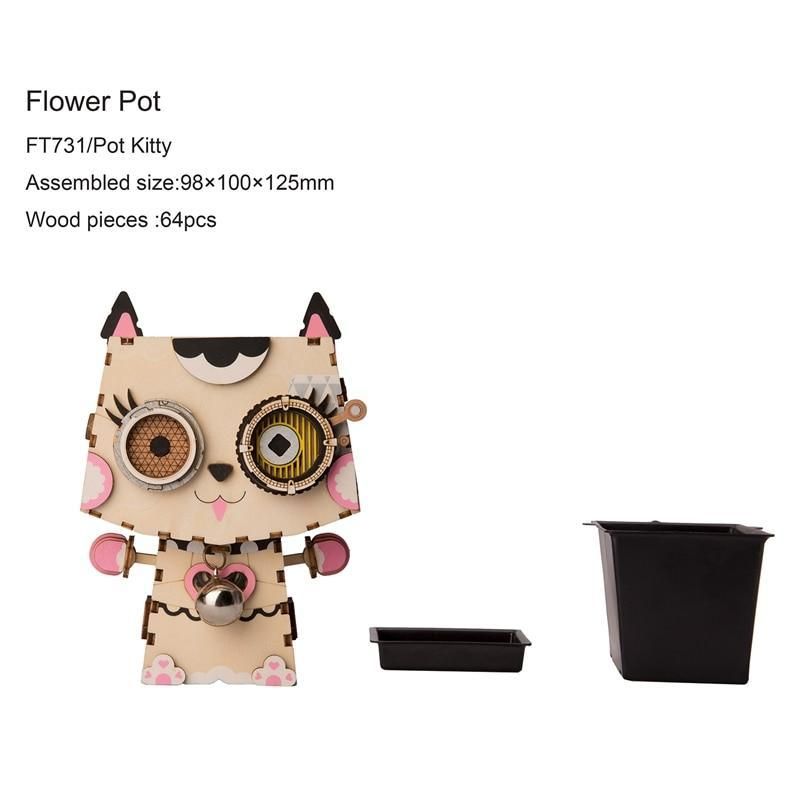 Kitty Flower Pot 3D Wooden - Block Center