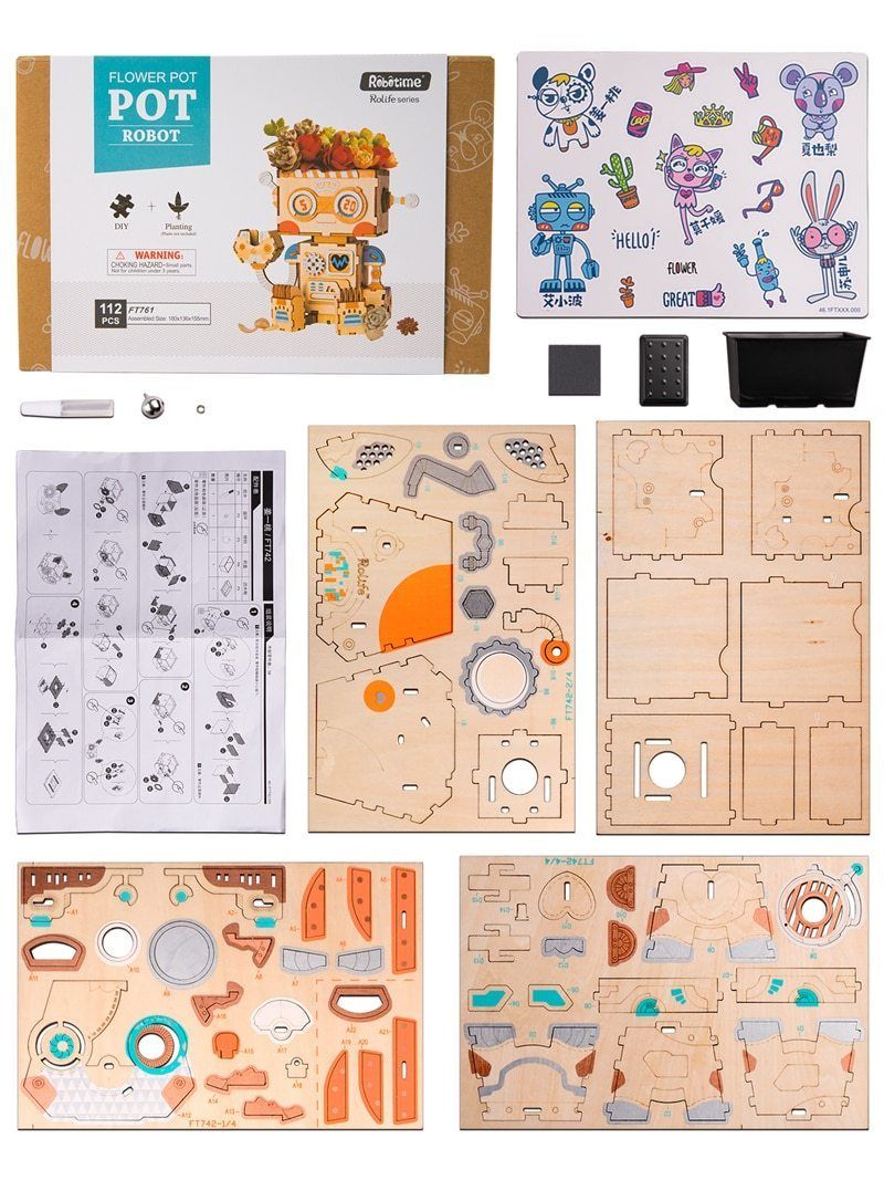 Robot Flower Pot 3D Wooden - Block Center